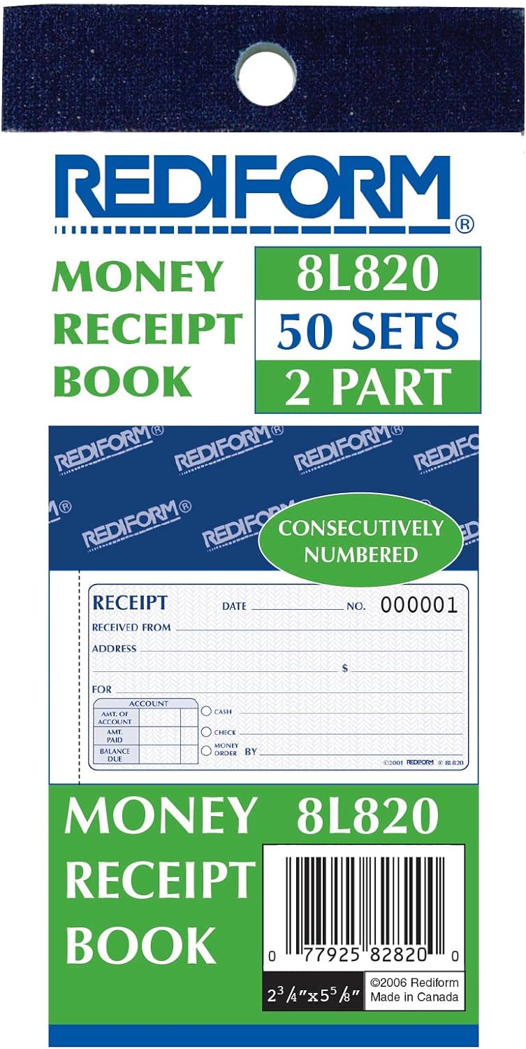 Rediform Money Receipt Book, 2.75" x 5.625", 50 Numbered Duplicates (8L820)