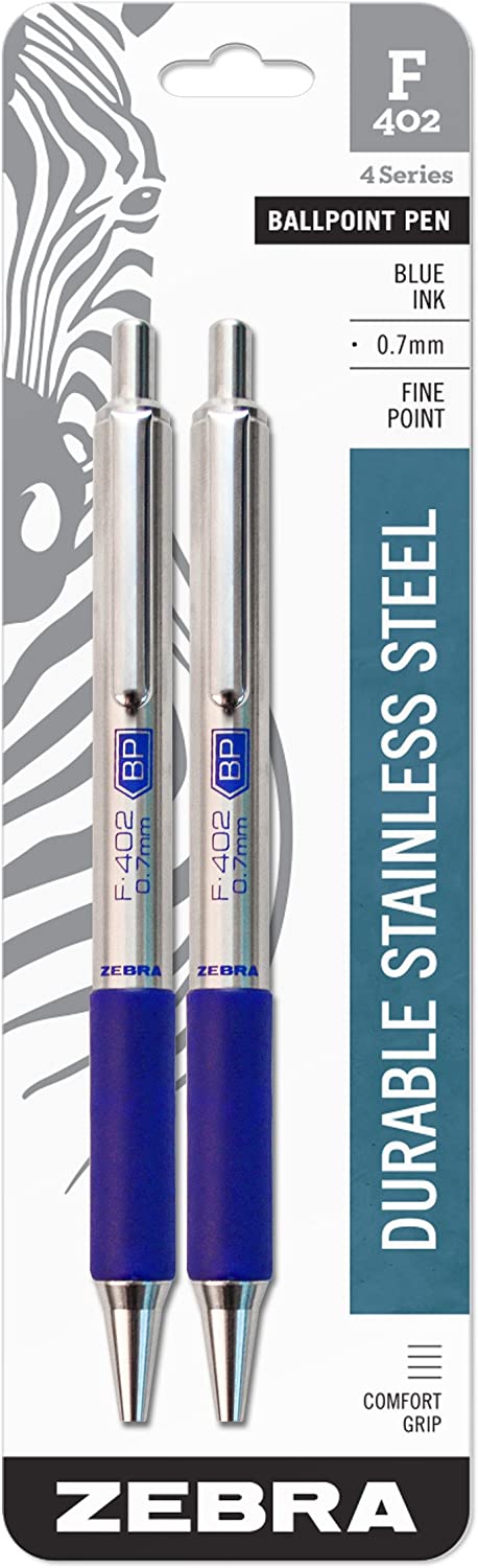 Zebra Pen F-402 Ballpoint tainle Teel Retractable Pen\ Fine Point\ 0.7mm\ Blue Ink\ 2-Count