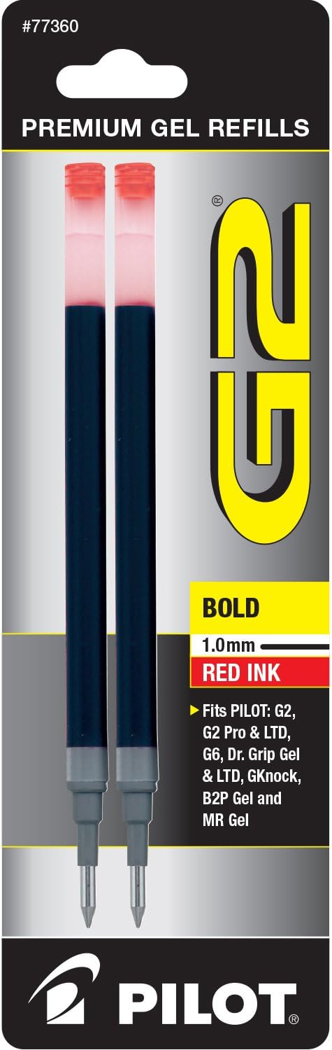 Pilot, G2 Gel Ink Refills, Bold Point 1 mm, Red, Pack of 2