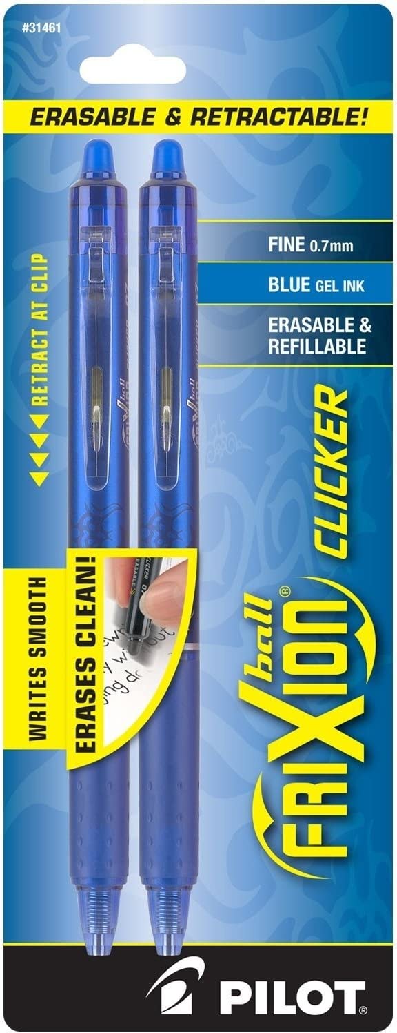 PILOT FriXion Clicker Erasable\ Refillable & Retractable Gel Ink Pens\ Fine Point\ Blue Ink\ 2-Pack (31461)
