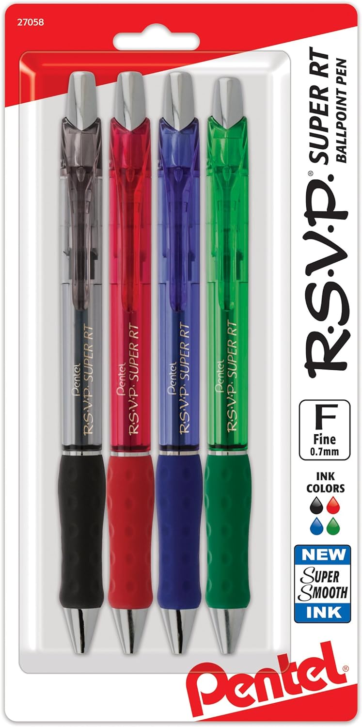 Pentel RSVP Super RT Ballpoint Pen, (0.7mm) Fine Line, Assorted Ink (ABCD), 4-pk - BX477BP4M
