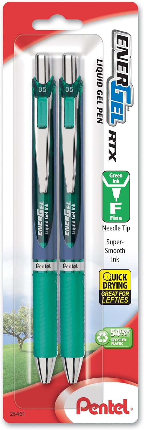 Pentel EnerGel RTX Retractable Gel Ink Pen, (0.5mm), Needle Tip, Fine Point, Green, Pack of 2 (BLN75BP2D)