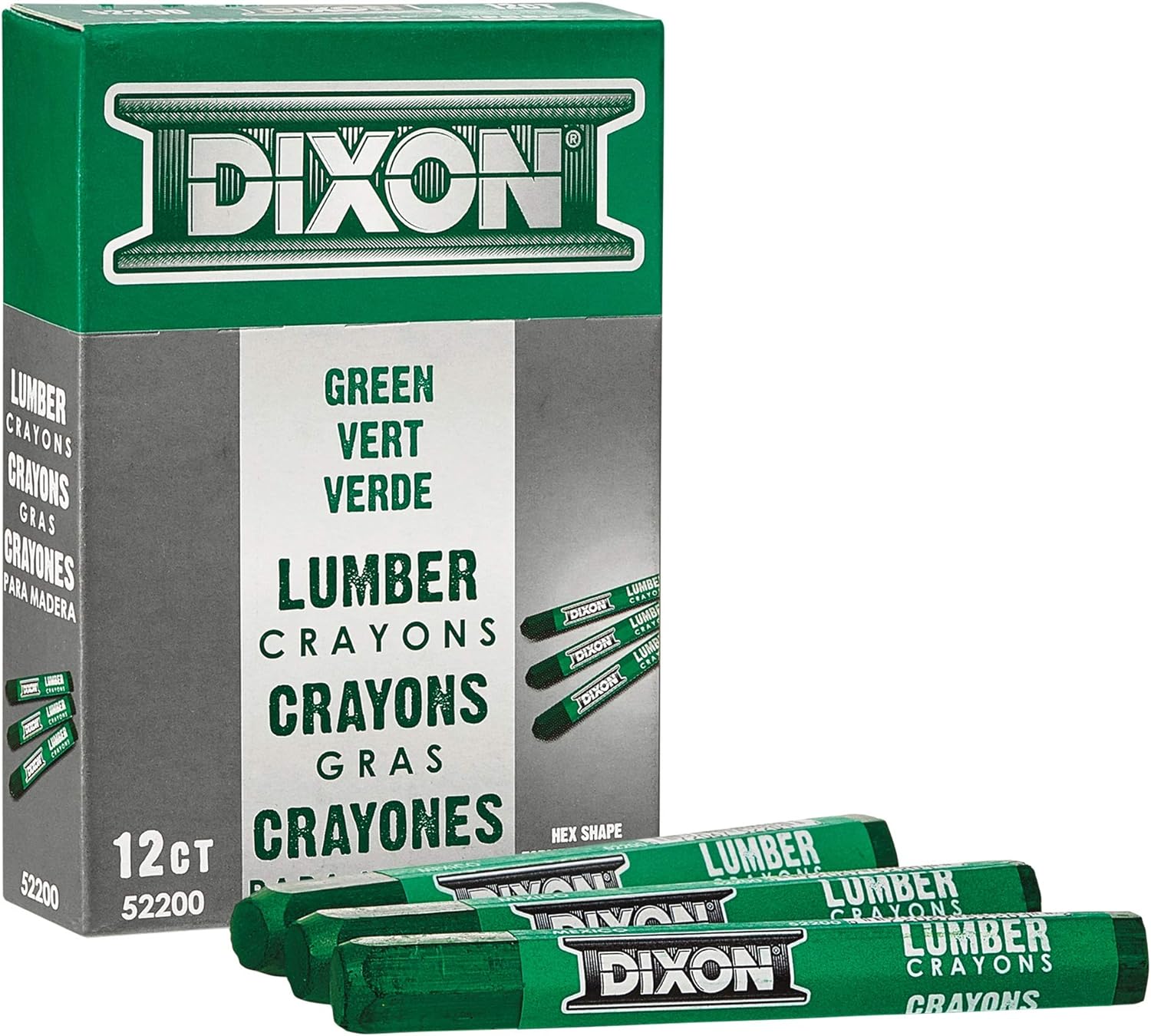 DIXON Industrial Lumber Marking Crayons, 4.5" x 1/2" Hex, Green, 12-Pack (52200)
