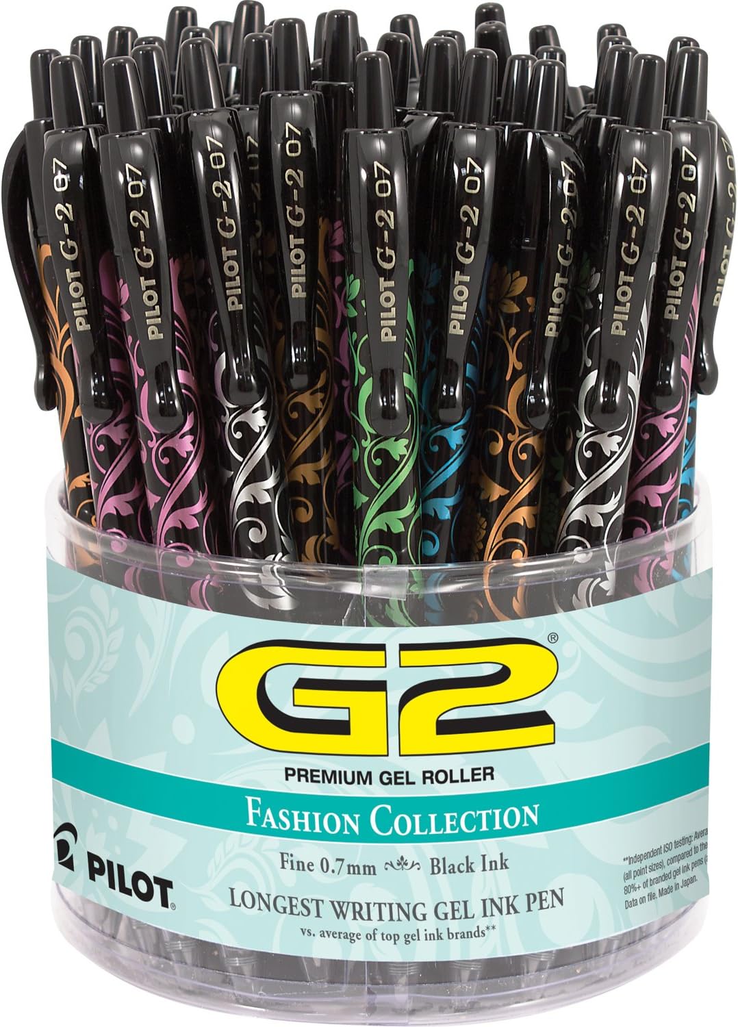 PILOT G2 Fashion Collection Colors Refillable & Retractable Rolling Ball Gel Pens, Fine Point, Assorted Color Barrel Designs, Black Ink, 48-Pack Tub (5797)