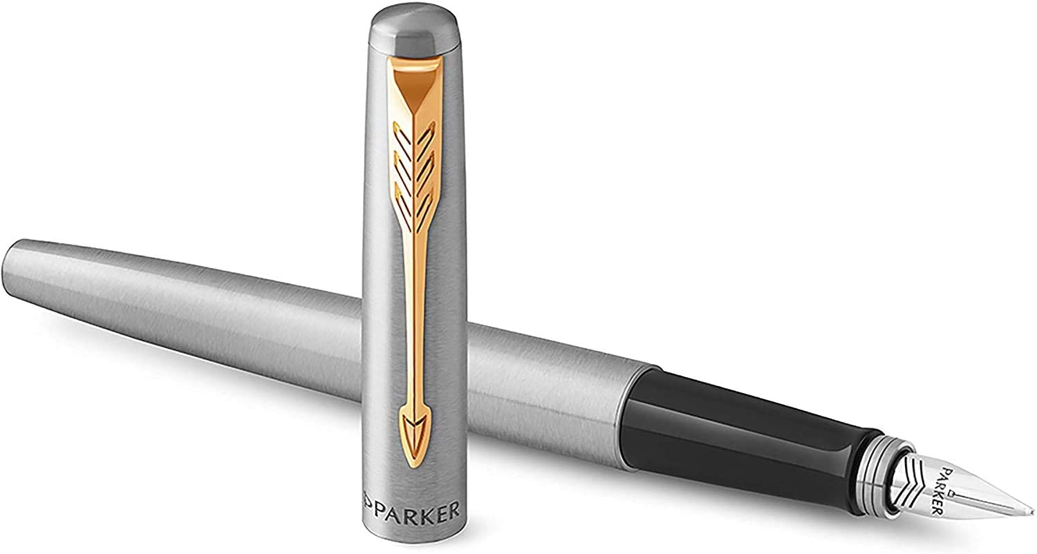 Parker Jotter Fountain Pen, Stainless Steel Body with Gold Trim, Medium Point, Blue Ink, Includes Gift Box