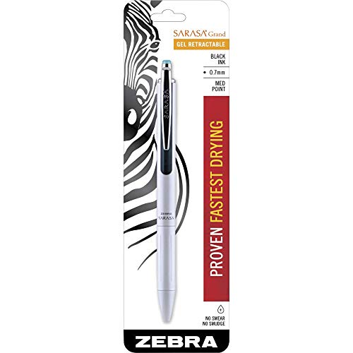 Zebra Pen Sarasa Grand Retractable Gel Ink Pen, White Barrel, Medium Point, 0.7mm, Black Ink, 1-Count (45101)