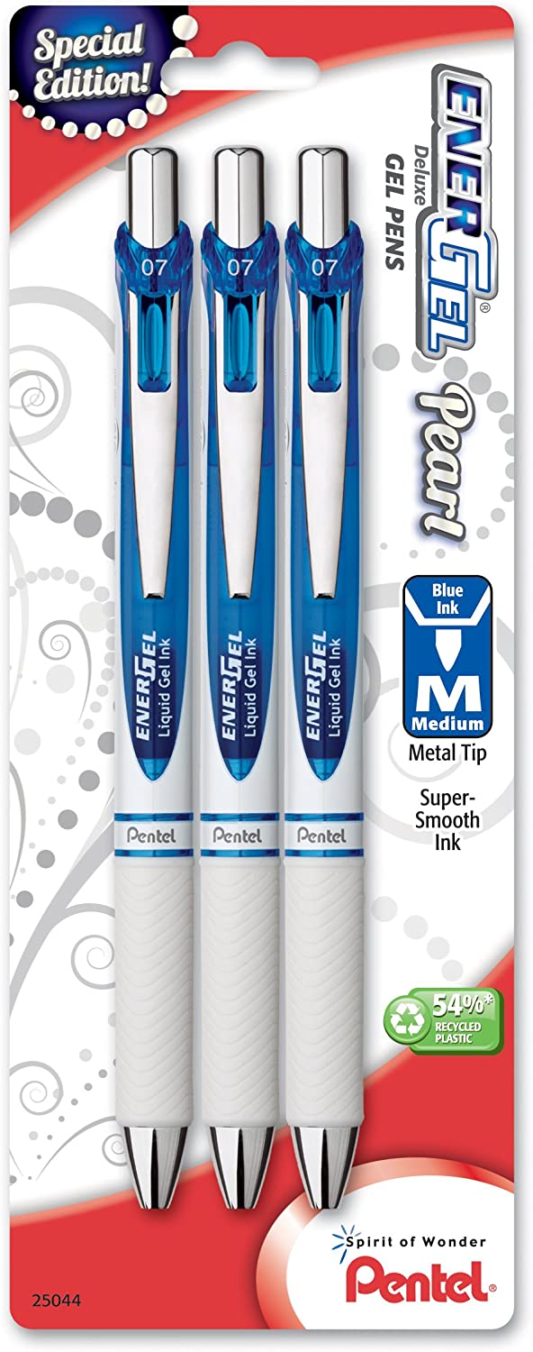 Pentel EnerGel Pearl Deluxe RTX Retractable Liquid Gel Pen (0.7mm) Accent Blue Ink 3 Pack (BL77WBP3C)