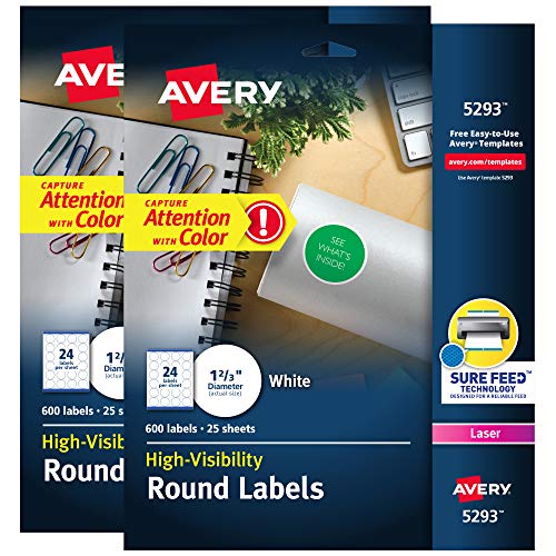 '''Avery White High Visibility Round Labels with Sure Feed\ Permanent\ 1-2/3''''\ 2 Pack\ 1\200 labels Total (32135)'''