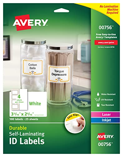 Avery 00756 Easy Align Self-Laminating ID Labels\ Laser/Inkjet\ 2 15/16 x 3 5/16\ White (Pack of 100)