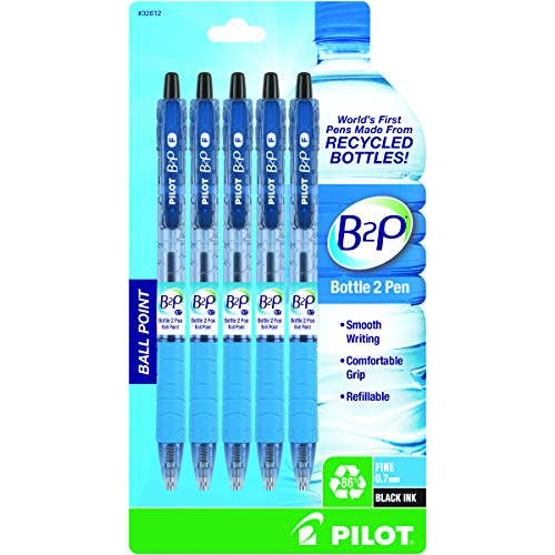 PILOT B2P - Bottle to Pen Refillable & Retractable Ball Point Pen Made From Recycled Bottles, Fine Point, Black Ink, 5-Pack (32612)