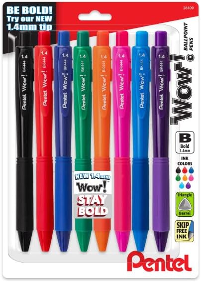 Pentel Wow! Retractable Ballpoint Pen, (1.4mm) Bold Line, Assorted Ink Colors, 8 Pack