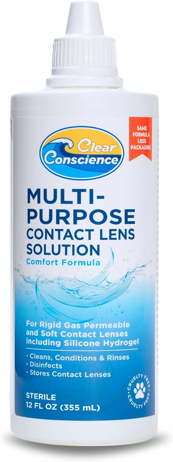Clear Conscience Contact Lens Solution 12oz – Multi-Purpose Soft and RGP Contact Lens Cleaner Eye Contact Solution – Sterile Isotonic Contact Lenses Solution – Saline Solution for Contact Lenses