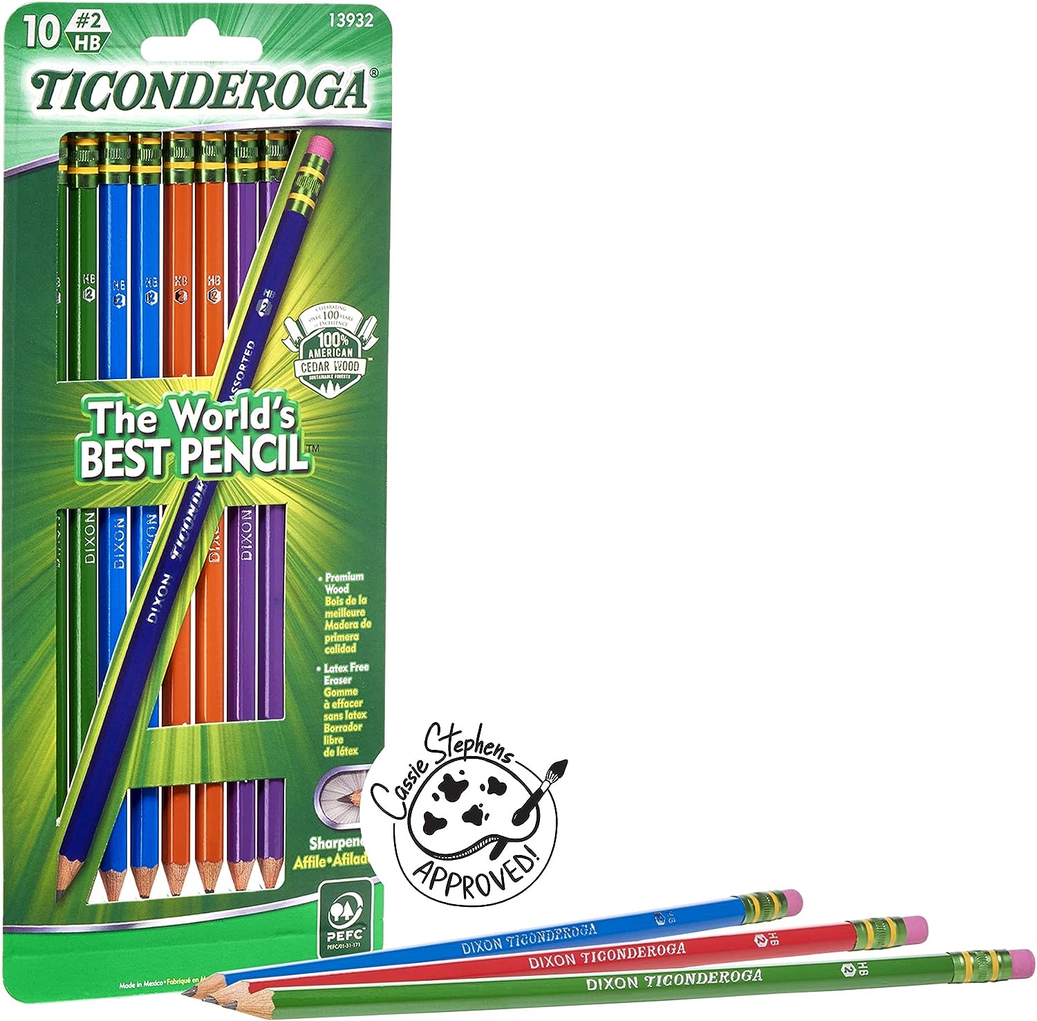 TICONDEROGA Pencils, Wood-Cased Graphite, #2 HB Soft, Pre-Sharpened, Assorted Color Barrels, Black Lead, 10-Pack (13932)