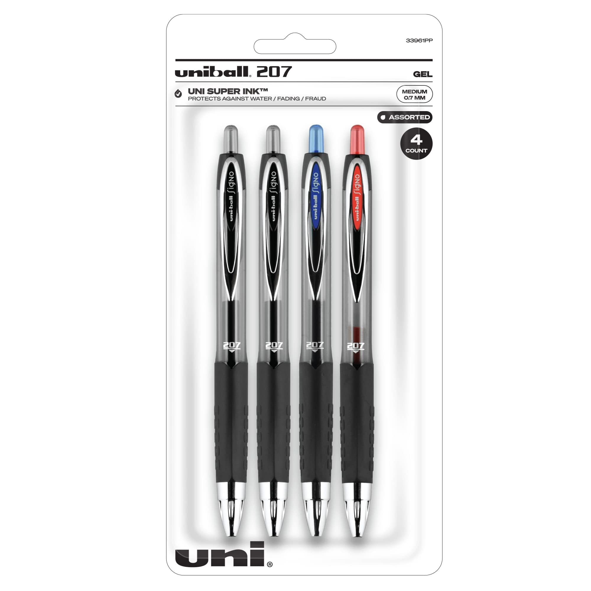 uni-ball® 207™ Retractable Fraud Prevention Gel Pens, Medium Point, 0.7 mm, Black Barrels, Assorted Ink Colors, Pack Of 4