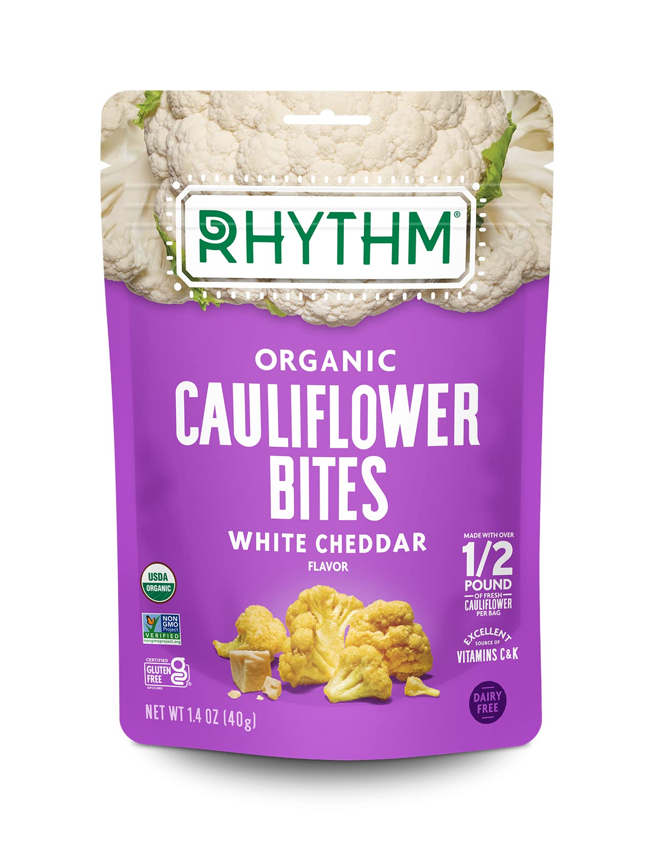 Rhythm Superfoods Crunchy Cauliflower Bites, White Cheddar, Organic & Non-GMO, 1.4 Oz, Vegan/Gluten-Free Vegetable Superfood Snacks