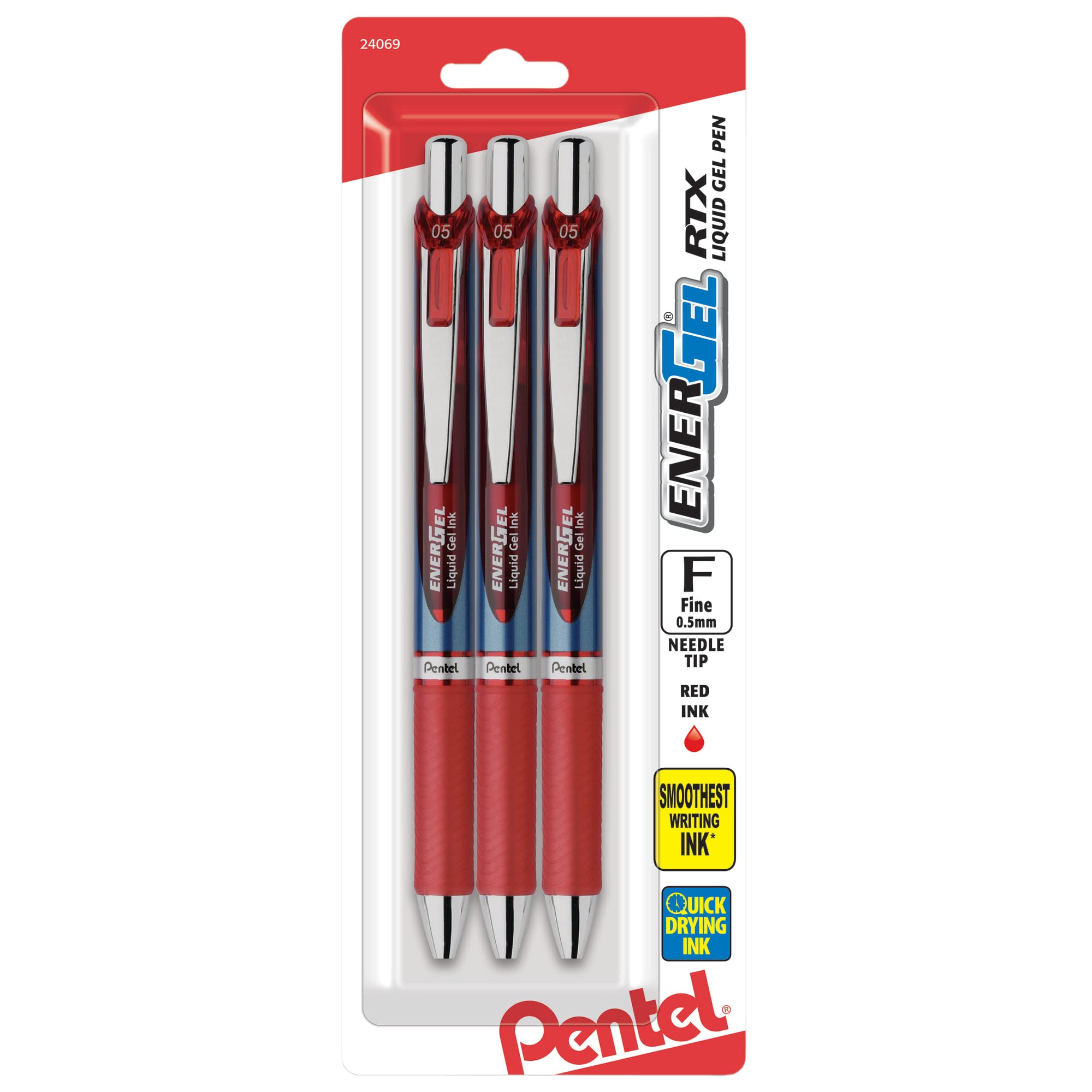 Pentel® EnerGel® RTX Retractable Liquid Gel Pens, Fine Point, 0.5mm, 54% Recycled, Assorted Barrel Colors, Red Ink, Pack Of 3 Pans
