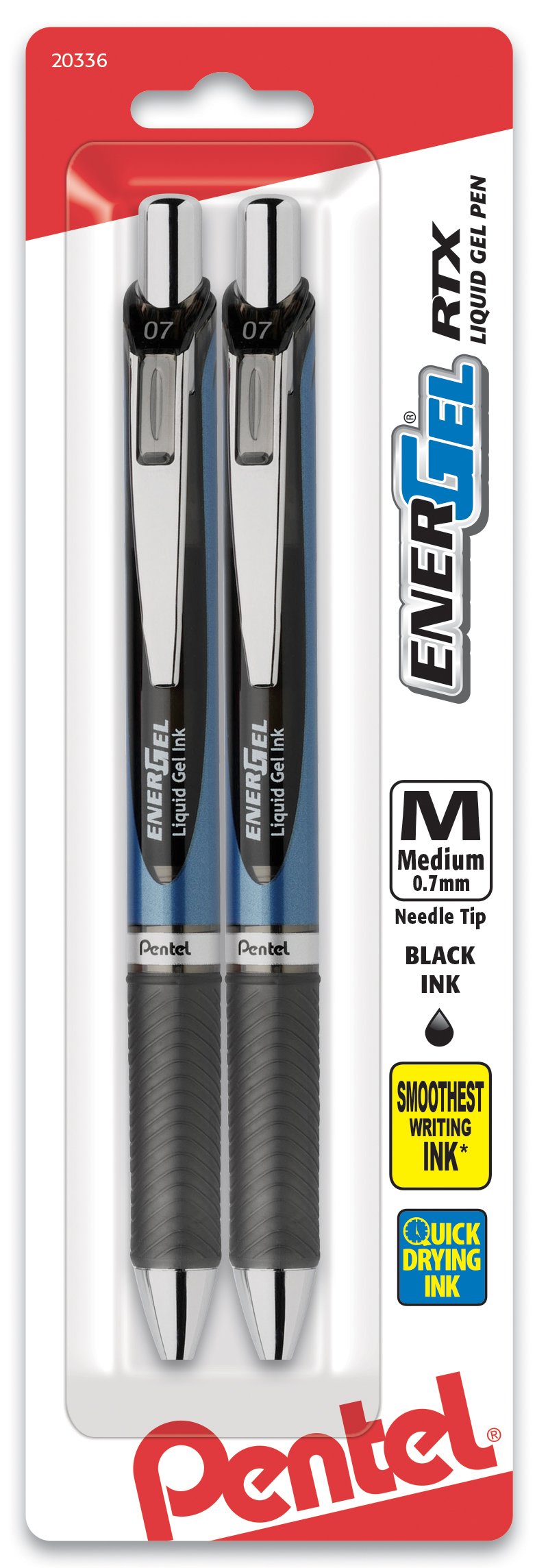 Pentel EnerGel Deluxe RTX Retractable Liquid Gel Pen, 0.7mm, Needle Tip, Black Ink, 2 pack (BLN77BP2A)