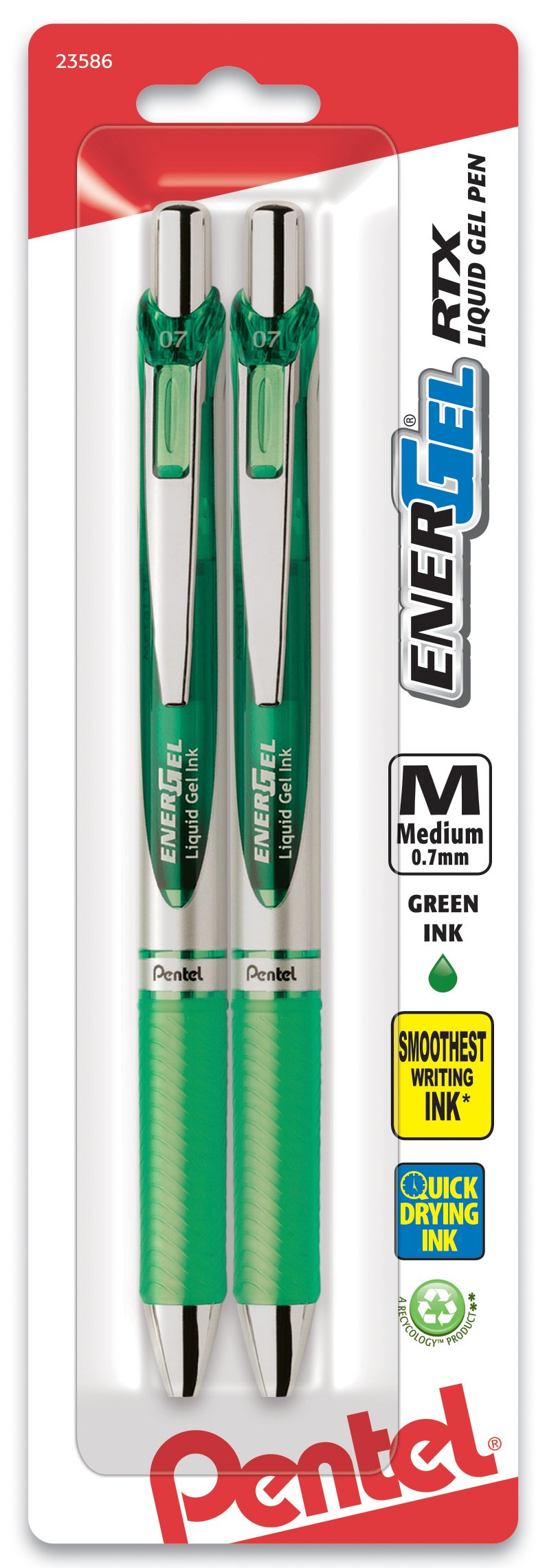 Pentel EnerGel Deluxe RTX Retractable Liquid Gel Pen, 0.7mm, Metal Tip, Green Ink, 2 Pack (BL77BP2D)