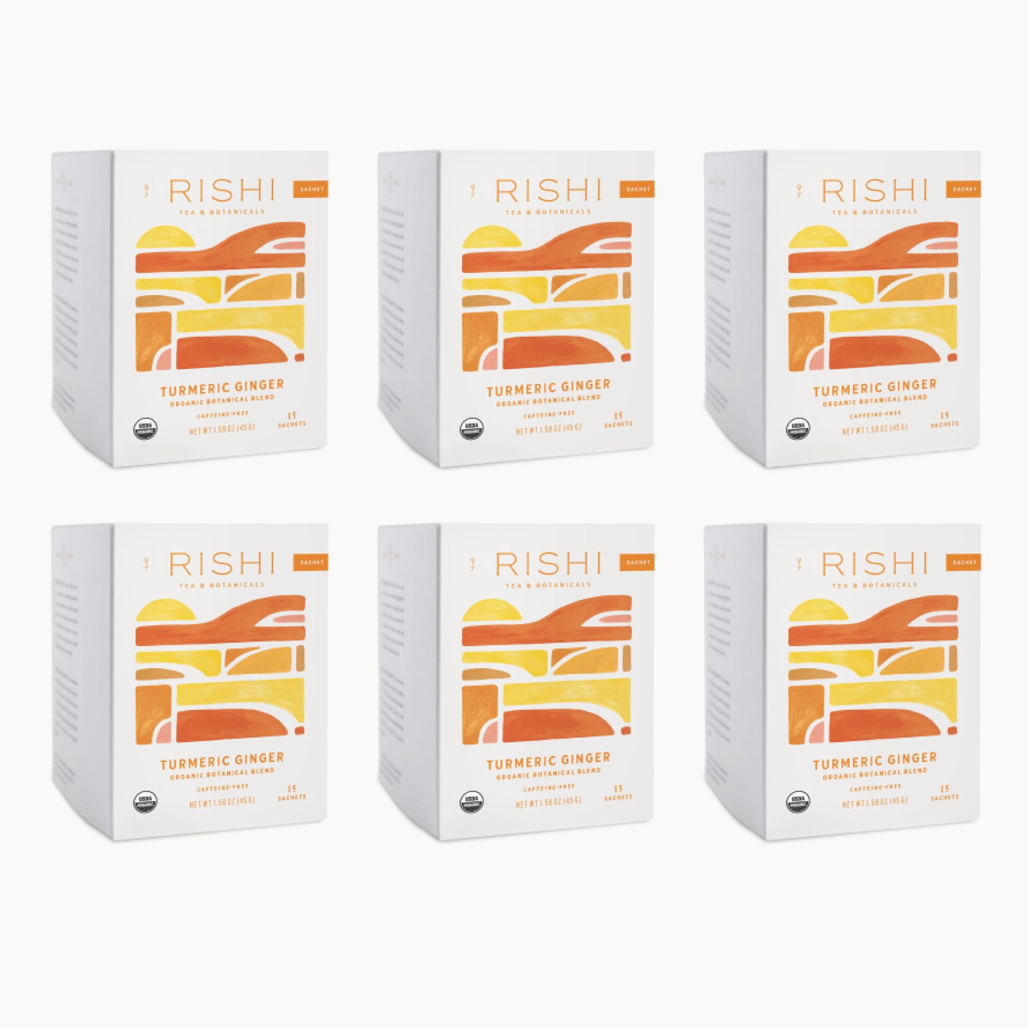 Rishi Tea Turmeric Ginger Herbal Tea | USDA Organic Direct Trade Sachet Tea Bags, Certified Kosher, Caffeine Free Ayurvedic Tea Blend, Immune Support with Citrus for Taste | 15 Count (Pack of 6)
