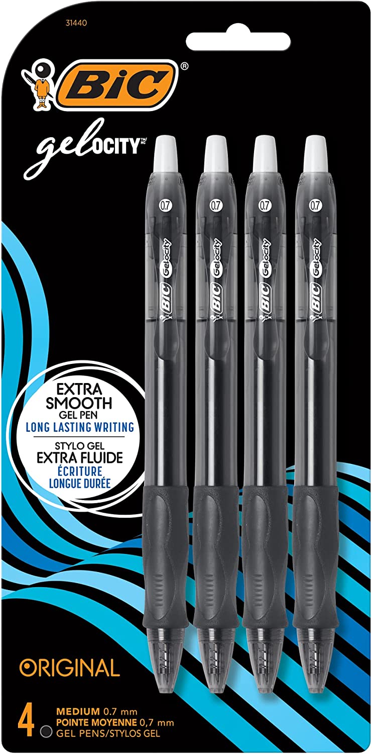 BIC Gel-ocity Original Black Gel Pens Medium Point (0.7mm) 4-Count Pack Retractable Gel Pens With Comfortable Grip