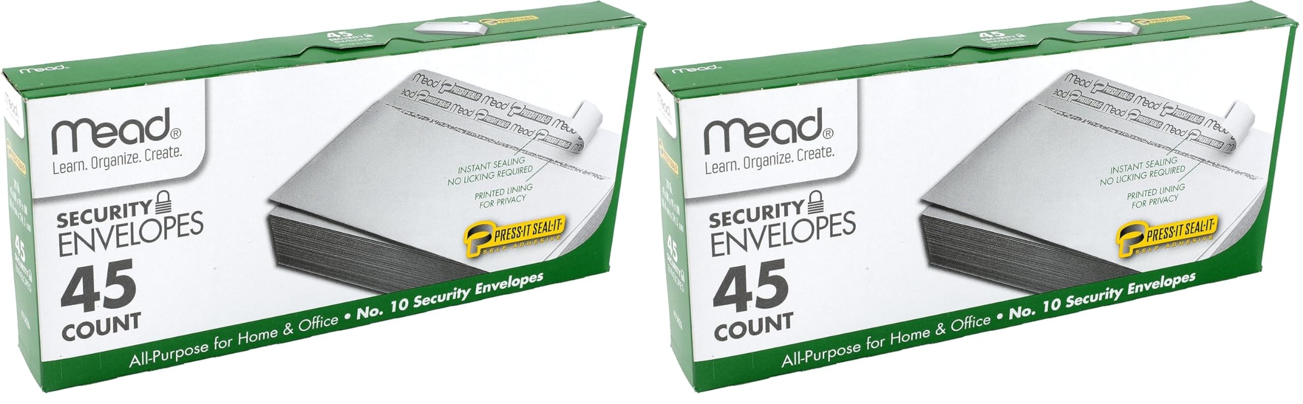 Mead #10 Envelopes, Security Printed Lining for Privacy, Press-It Seal-It Self Adhesive Closure, All-Purpose 20-lb Paper, 4-1/8" x 9-1/2", White, 45 per Box (75026) - Pack of 2
