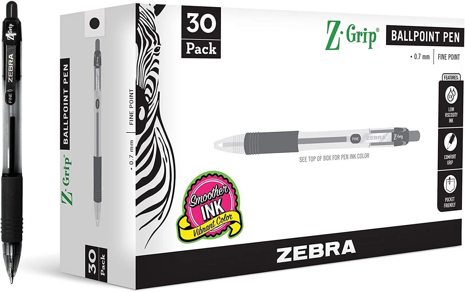 Zebra Pen Z-Grip Retractabe Ballpoint Pen, Fine Point, 0.7mm, Black Ink, 30-Pack