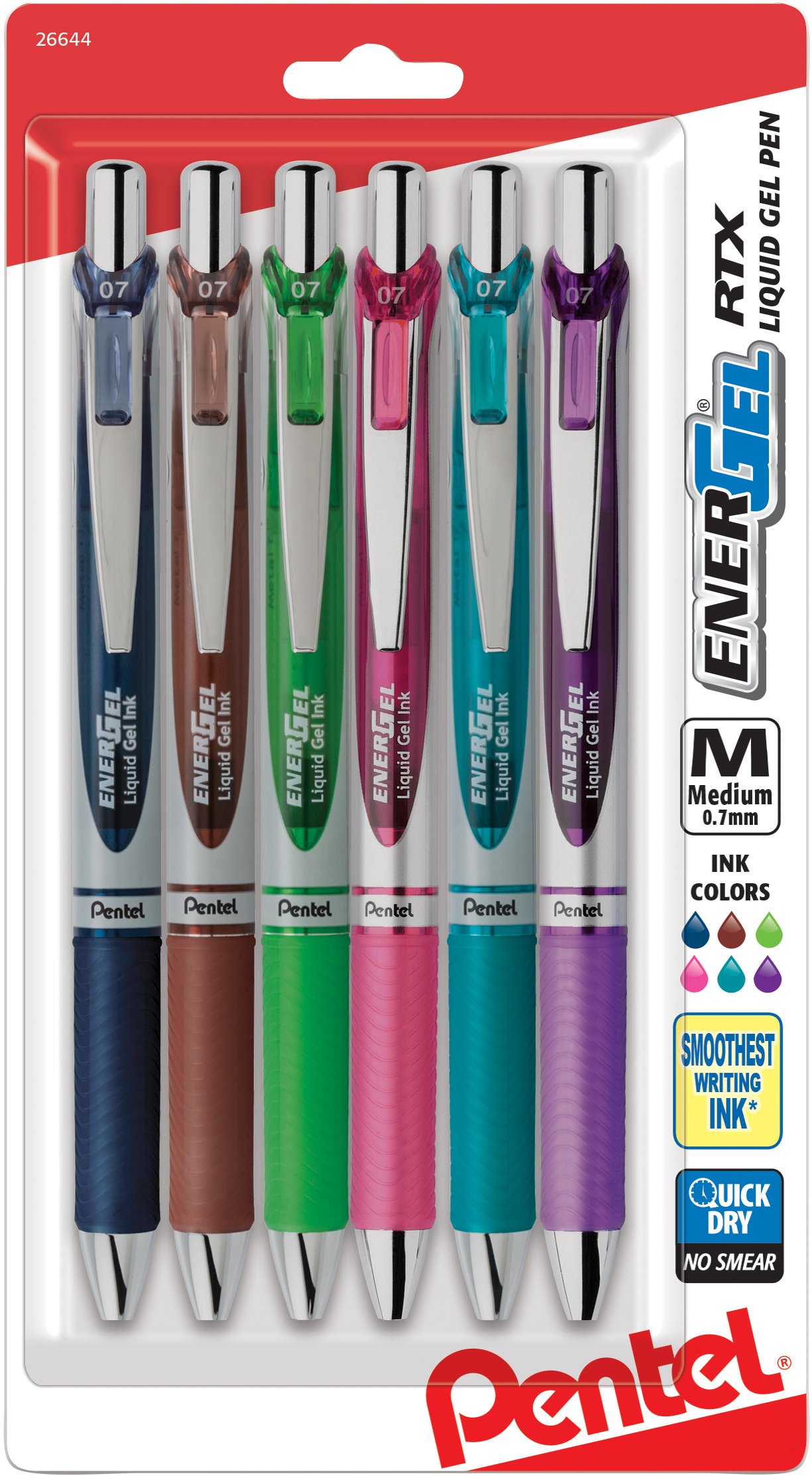 Pentel EnerGel RTX Retractable Liquid Gel Pen, (0.7mm) Metal Tip, Medium Line, Assorted Ink, 6-Pk (BL77BP6M1)