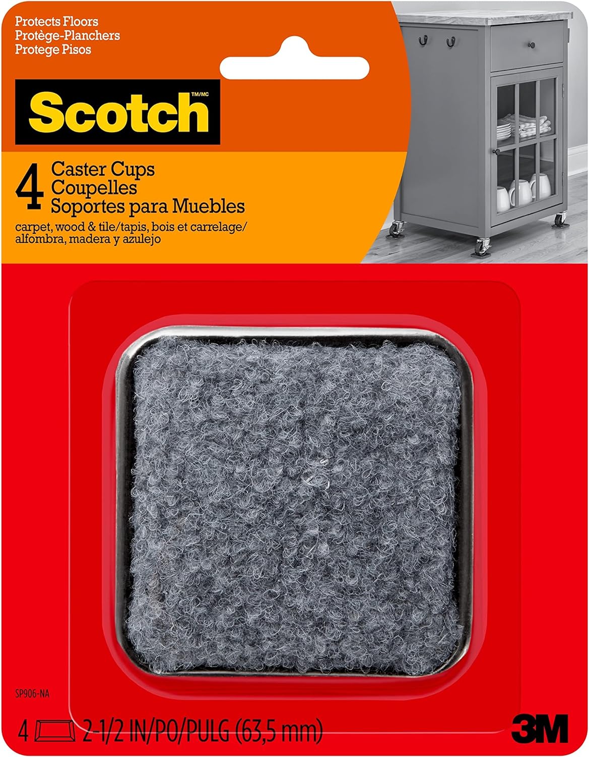 Scotch Caster Cups, Square Felt Gray 2.5-in 4/pk, Chair Leg Floor Protectors, Furniture Pads for Hardwoods Floors